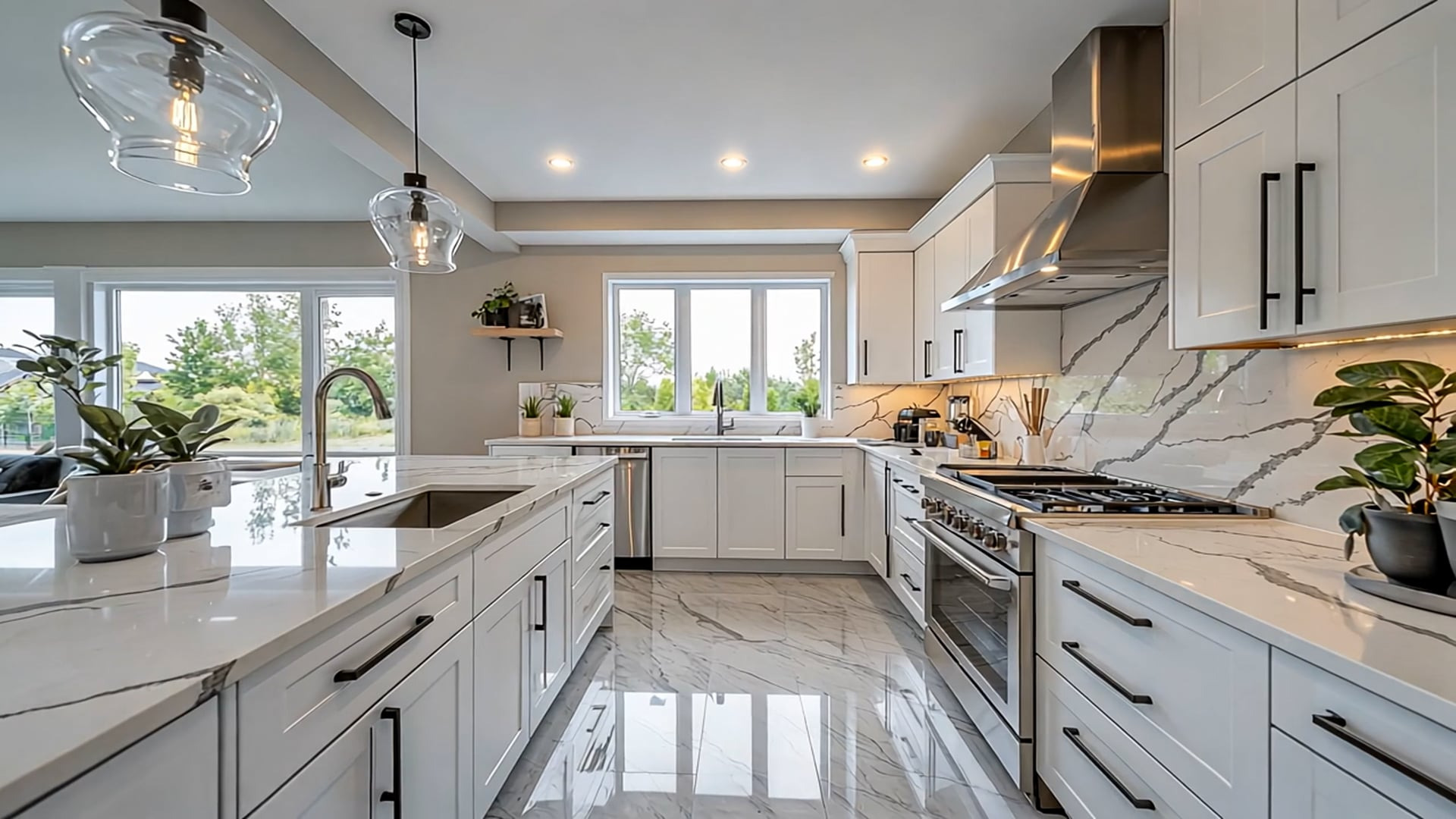 Sunlit, spotlessly clean white kitchen with marble counters and stainless range